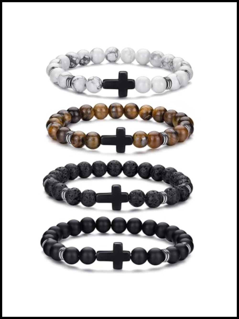 4x Men's Natural Tiger Eye & Black Agate Stretch Cross Beaded Bracelet 8mm